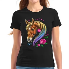 Horse Head Illustration T-Shirt - Realistic Chestnut with Rainbow -All-cotton