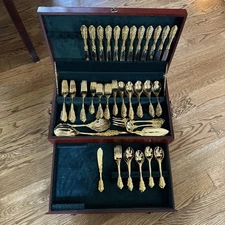 F.B Rogers 90 Pc Gold Plated Flatware Set in Wallace Wood Cherry Flatware Chest
