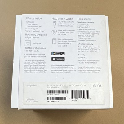 Google Wifi AC1200 Dual-Band Wi-Fi Router White 2 LAN Ports AC-1304 GA00157-US