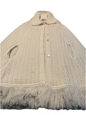 Vtg 70 s Cream Crochet Americana Poncho Cape Fringe Hippie Retro Bohemian