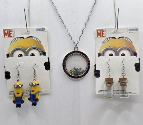 Despicable Me Minion Made Pendant Necklace and 2 Pair Earrings, High Intencity