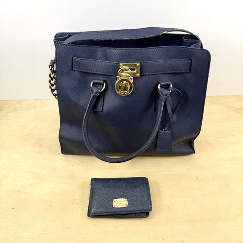 Michael Kors Blue Leather Large Tote Bag w/ Matching Wallet - Gold Chains - NICE