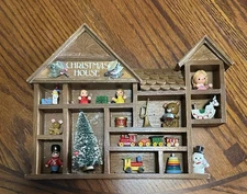 Vintage Christmas House Wooden House Shaped Shadow Box Mini Christmas Figurines