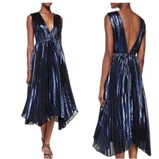 Alice + Olivia Alessandra Pleated Metallic Asymmetric Midi Gown Blue Open Back 2
