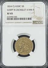 1834 $5 CLASSIC CROSSLET 4 GOLD HALF EAGLE NGC XF45