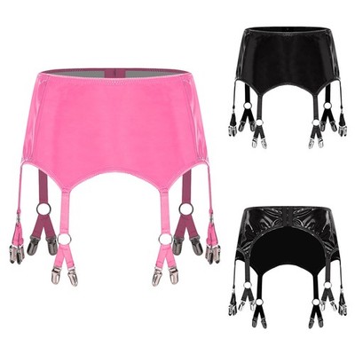 DE iEFiEL Damen Glänzender PU Strumpfgürtel Strumpband Minirock mit Metallclips