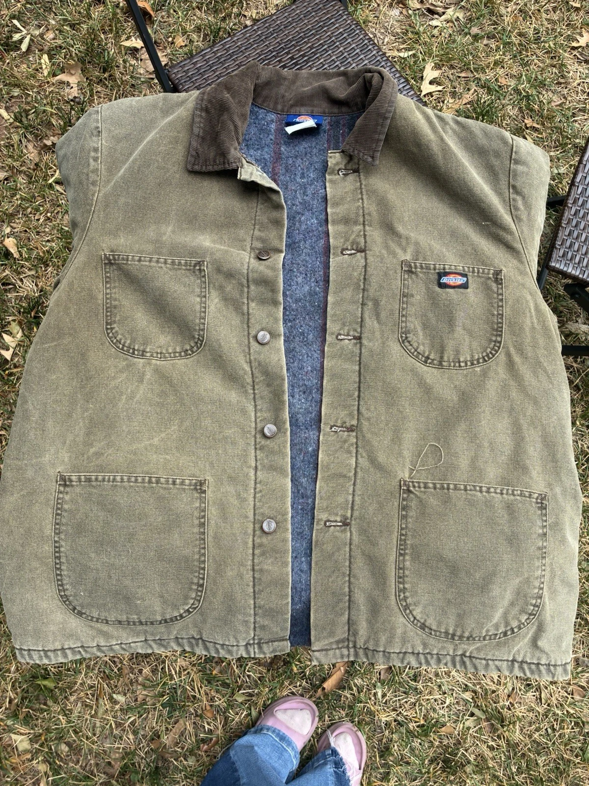 Vintage Dickies Chore Jacket Men’s Xl Olive Green with Corduroy Collar 90s image 1