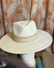 Ivory/Beige Wide Brim Fedora Hat Geometric Band Unisex Adults One Size