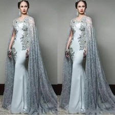 Mermaid Prom Dresses with Cape Sleeve Jewel 2Pieces Evening Sequined Sweep Train