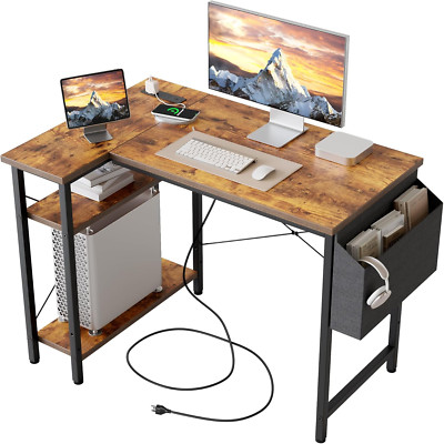 Stylish L Shaped Computer Desk with Power Outlets for Small Spaces, Rustic Brown