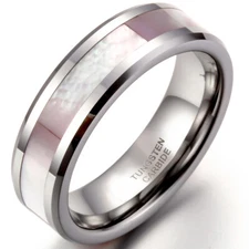 Pink Shell Inlay Tungsten Carbide Ring Womens Lady Girls Engagement Wedding Band