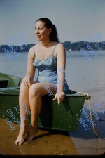 1950s 35mm Red Border Slide Woman Sunbathing Swimsuit Sitting on Boat #4251