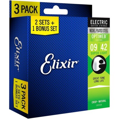 Elixir BONUS PACK OPTIWEB Electric Guitar Strings Super Light (.009-.042) 3 pack