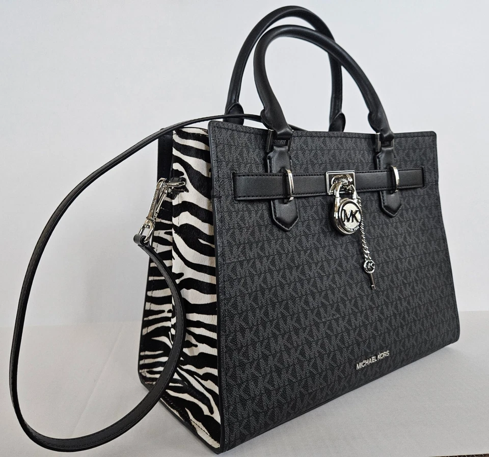 Bolso de Mano MICHAEL KORS Hamilton Cebra Cabello de Becerro Firma Logo Med Negro Nuevo con Etiquetas $598