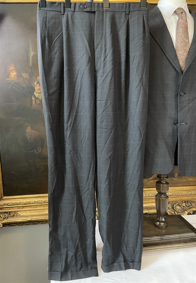 VTG Austin Reed 44L 34 x 34 2Pc USA MADE 100% Wool Dark Gray Check 2Btn Suit - Image 2 of 4