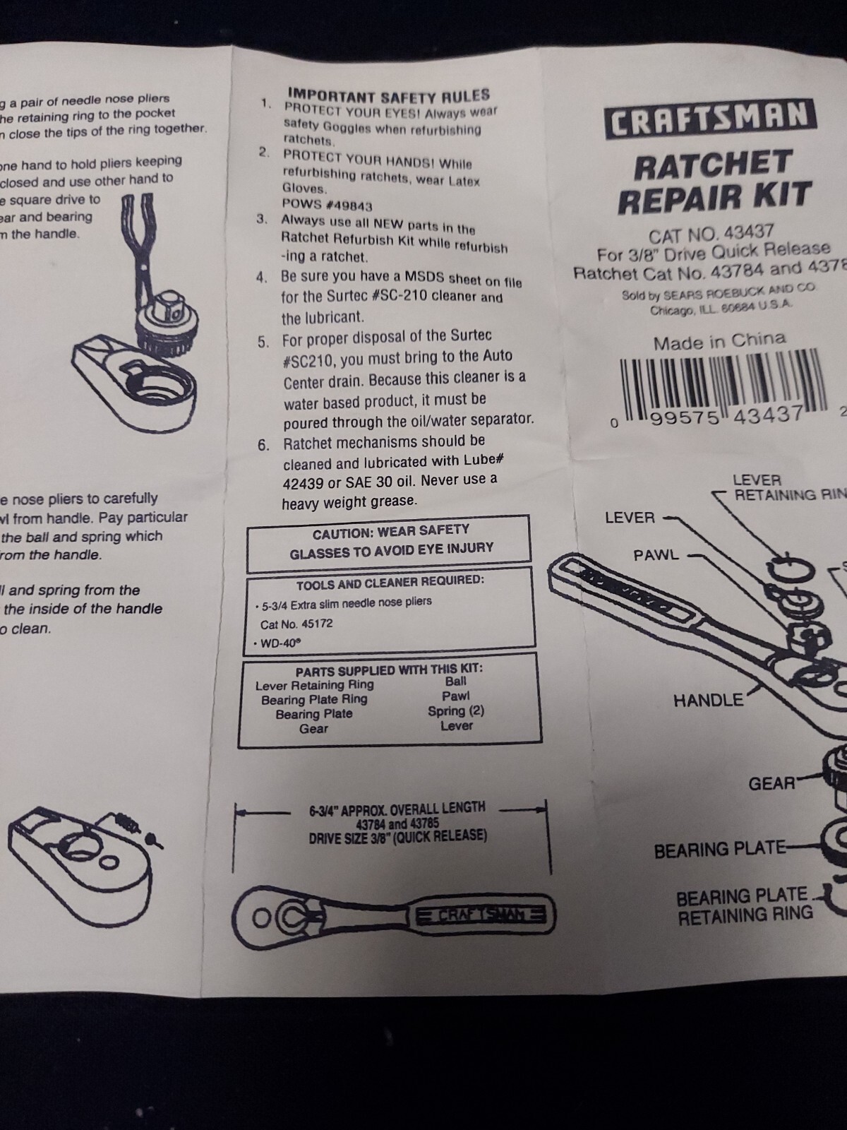 NEW Craftsman 3/8" Ratchet Repair Kit 43437 for QR Ratchet 43784 And