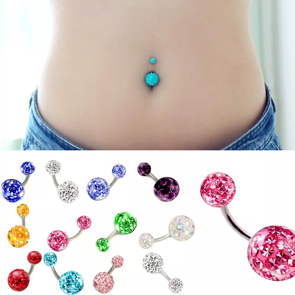 3pc Rhinestone Steel Body Piercing Navel Rings Belly Button Barbell Dangle Bar