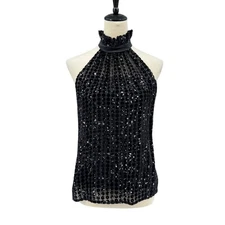 Worth 4 Black Velvet Polka Dot Halter High Neck Silk Blend Sleeveless Blouse