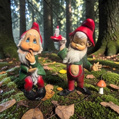 Set of 2 Christmas Gnomes Pixies Elf Figurines 2.75''MJD Designs Retro Decor READ