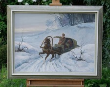 Winterlandschaft mit Pferdeschlitten – Ölbild auf Leinwand, signiert, mit Rahmen