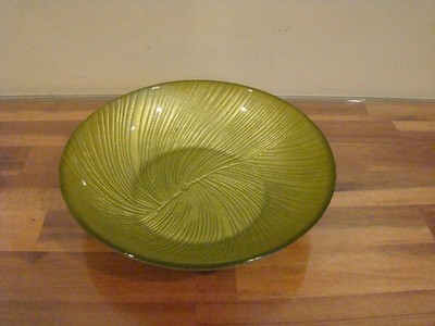 Avocado Green Glass MCM Atomic Pattern Candy Dish Serving Bowl 8'' Vtg