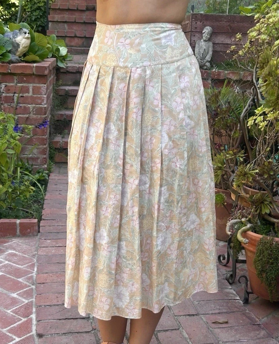 Vtg 80s Laura Ashley 8 Pleated Skirt Linen Cotton Floral England Cottage Prairie