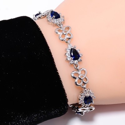 Blue Sapphire -Simulated, CZ 925 Sterling Silver Adjustable Bracelet 7-8'' B8930