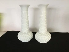 Vintage  E.O. Brody White Milk Glass Hobnail Bud Vases qty 2