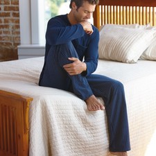 Mens Jockey Luxury Striped Cotton Long Pyjama Sleepwear Nightwear Navy S