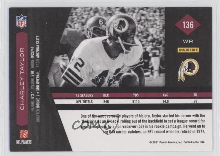 2011 Panini Limited Legends Spotlight Gold /25 Charley Taylor #136 HOF - Image 2 of 2