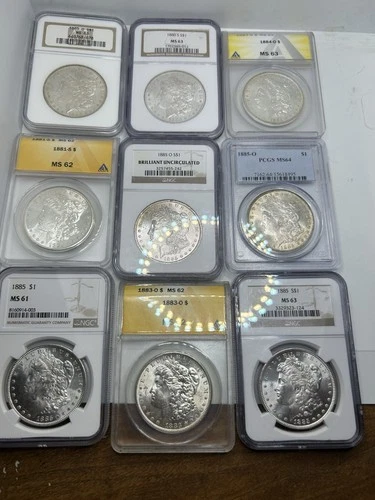 Lot Of 9 Certified Coins Different Date Morgan Dollar $1 MS 61-MS64! Rare***