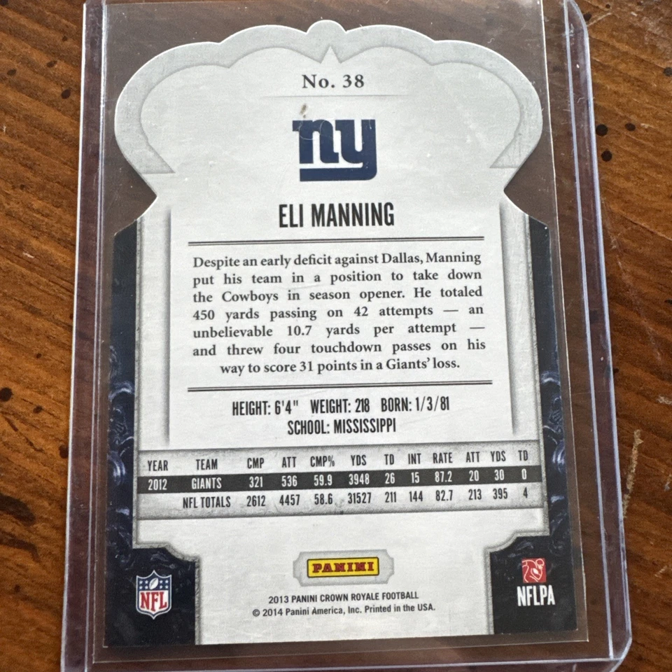 2013 Panini Crown Royale Silver Holo Die-Cut Crown 92/99  Eli Manning #38 - Image 2 of 2