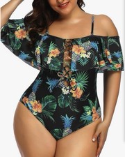 Off Shoulder One Piece Swimsuit for Women Ruffled Sleeves Retro Size XXL New