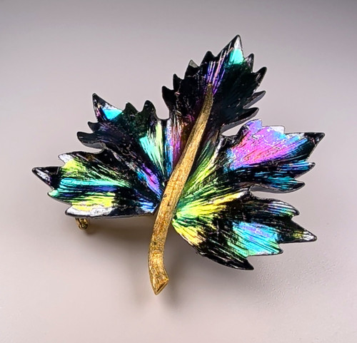 VTG Vintage Iridescent Enamel Maple Leaf Brooch Pin Rainbow Gold Tone 2.25"
