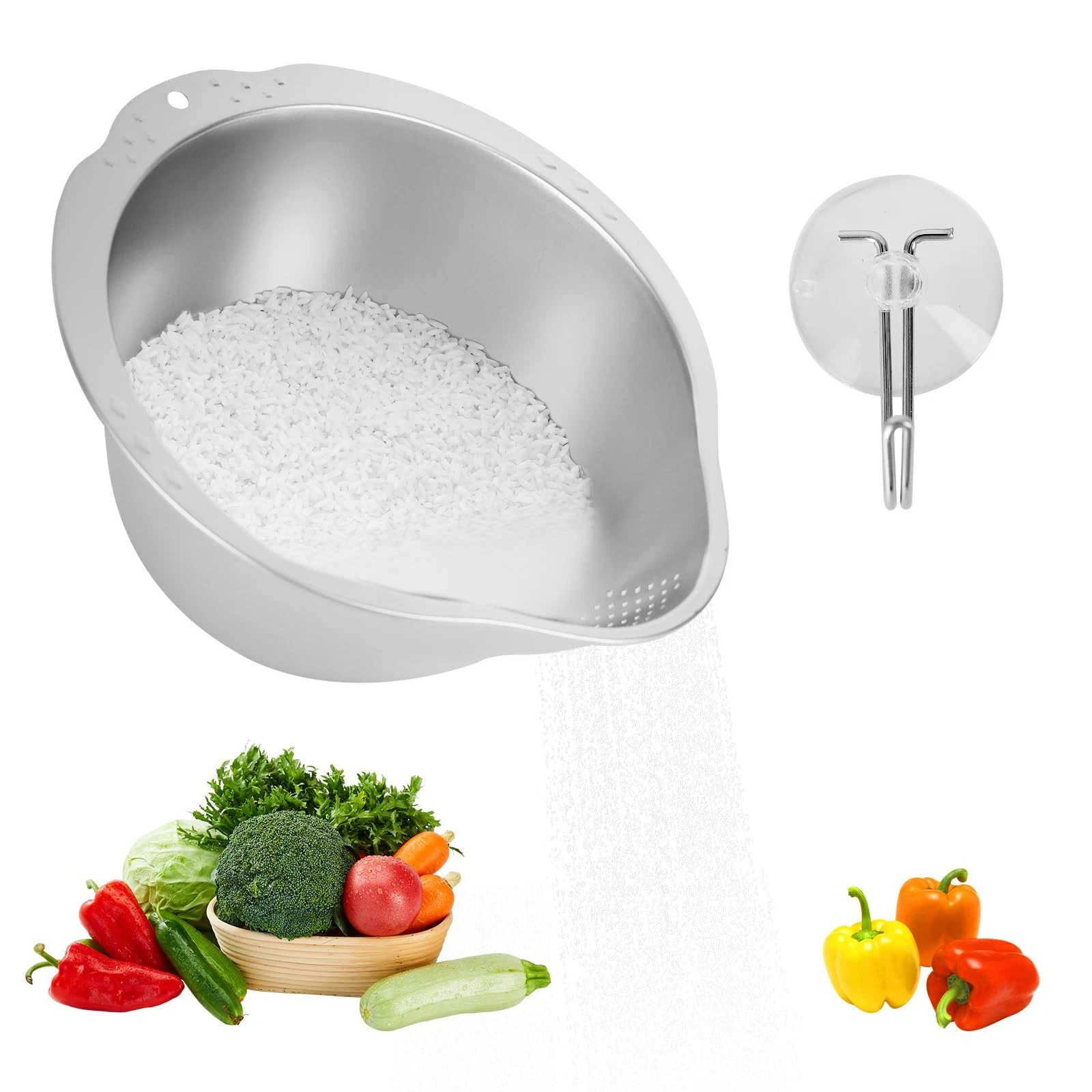 Rice Strainer and Colander Bowl With Side Drainer Metal Rice Washer