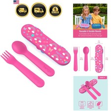 Kids Utensil Set - Reusable Plastic Fork, Spoon  Storage Case BPA-Free Mater...