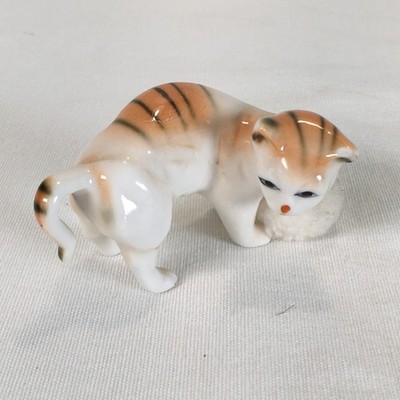 Vintage Bone China Playful Tabby Cat Kitten with Pom Pom Ball Figurine