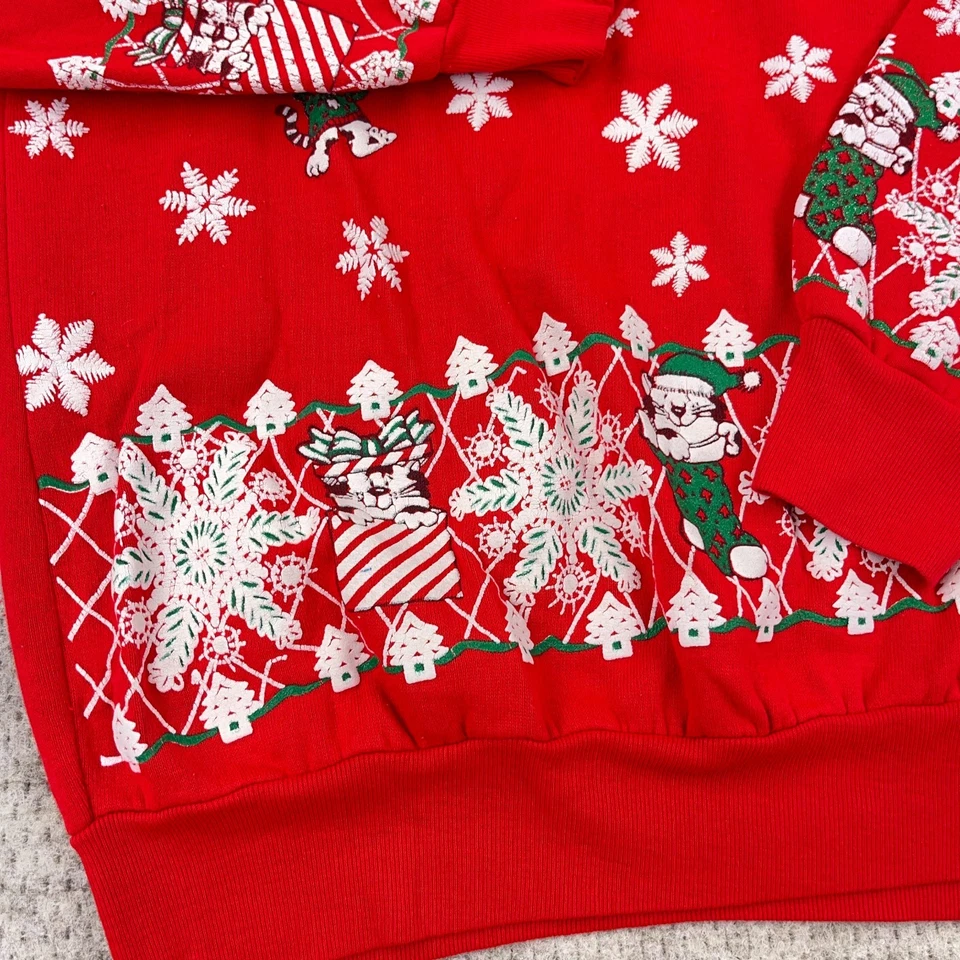 Suéter Vintage Navidad Mujer Grande Rojo Sudadera Años 80 90 AOP EE. UU. Gato Nieve Foto 3 de 4