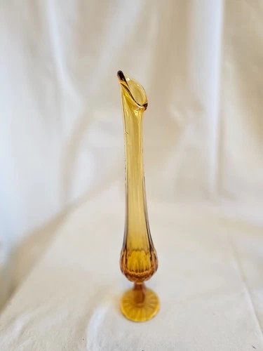 Vintage  60s Fenton Style Colonial Amber 15" Thumbprint MCM Swung Glass Vase