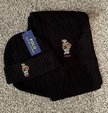 Ralph Lauren Polo Bear Black Men Women Cable Knit Scarf and Beanie Hat 2 Pc Set