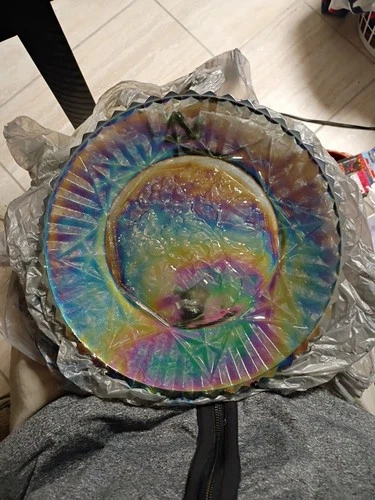 Vintage Large Federal Glass Iridescent Smoke Carnival Platter Fruit In Starburst