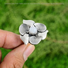 Natural Rainbow Moonstone 925 Sterling Silver Statement Boho Flower Ring Jewelry