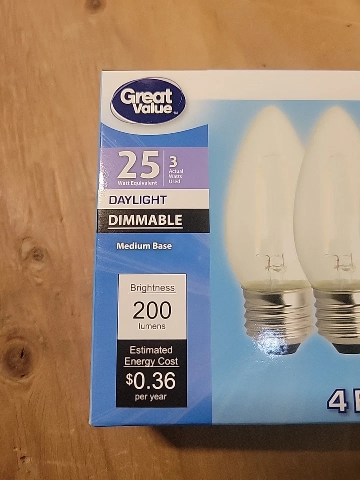 Great Value 4Pk Daylight Med Base B10 Bulbs. 25W/3W Dimmable/Clear/Decorative - Image 2 of 4