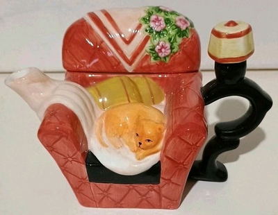 #ad #ad Mini Teapot Creamer Orange Cat On Armchair Lamp Handle 4X6 Houston Harvest VTG $7.95