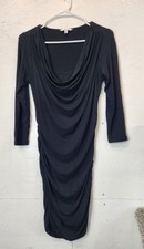 CAbi Black Ruched Sides Drape Neck Knee Length Long Sleeve Dress Small
