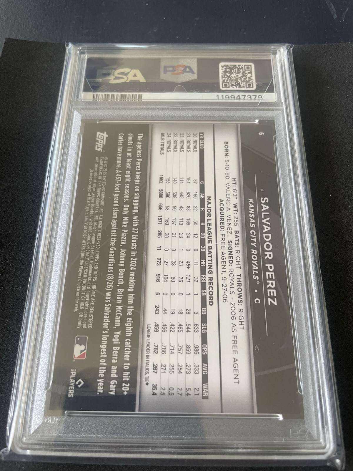 2025 Topps Chrome Black Salvador Perez White Refractor Kansas City Royals PSA 9 view 3