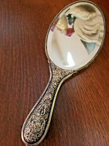 VINTAGE (2) Hand Mirror Porcelain Hand-Painted Purple Pansies & Pink Roses - Picture 8 of 12