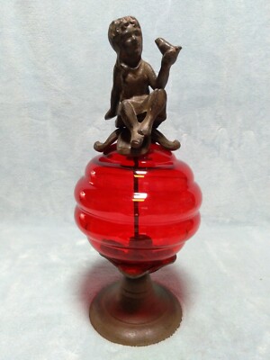 Rare Cast Iron Statue Girl Birds Hand Blown Red Glass Globe Decorative