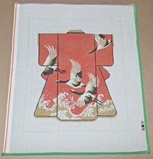 Lee Large "Cranes on Red Kimono" Soaring Birds Handpainted Needlepoint Canvas