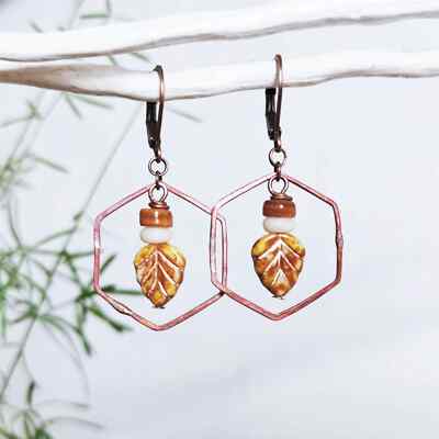 Boucles D'Oreilles Rustiques En Verre - Couleurs Vert Et Bleu, Monture Cuivre, Clips (Neuf Sans Emballage)